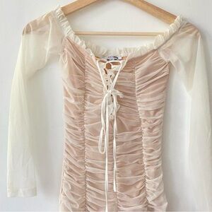 Fashion Nova Off-Shoulder Lace-Up Mini Dress - Cream